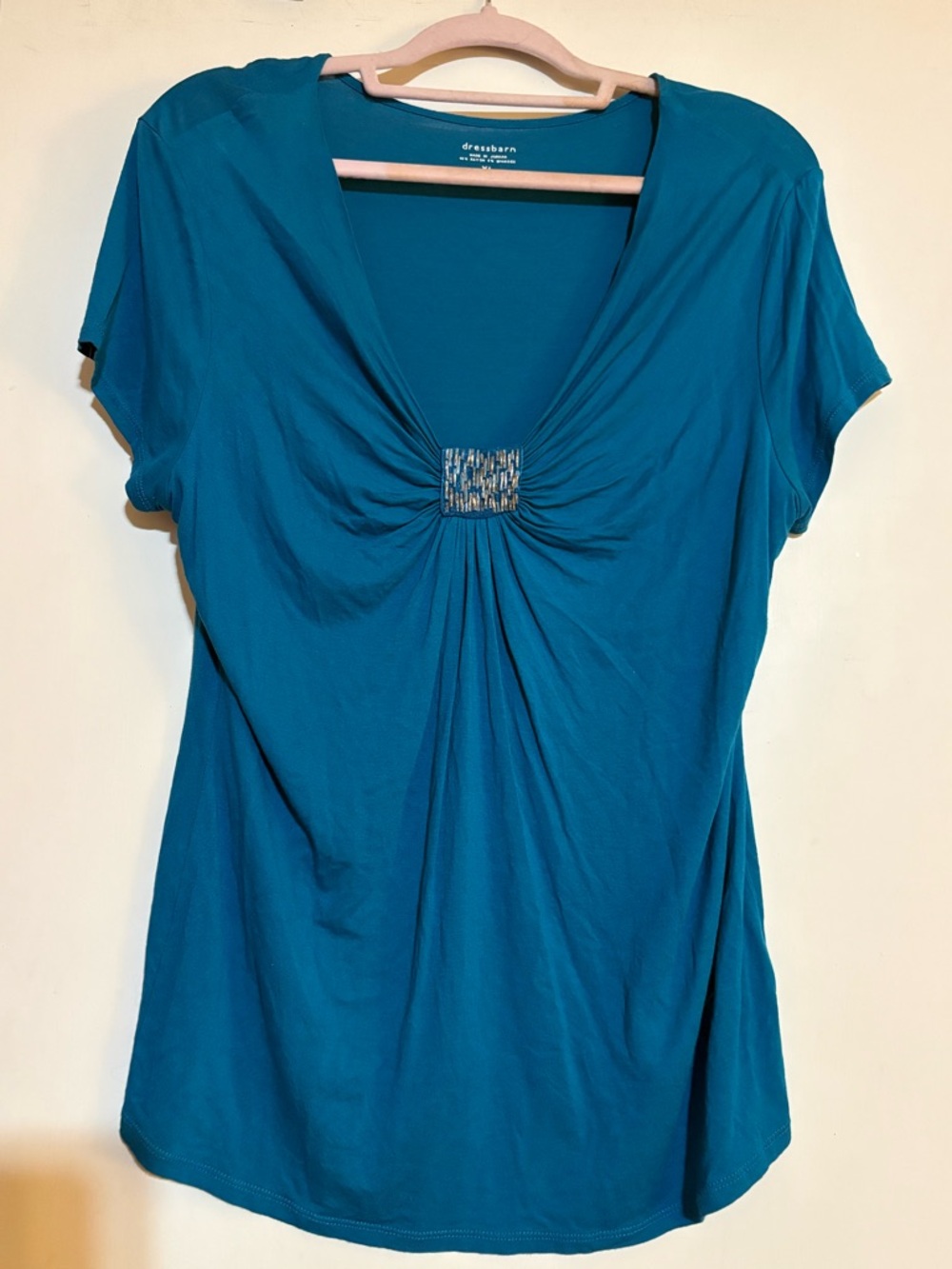 dressbarn Teal V-Neck Short Sleeve Top with Center Accent